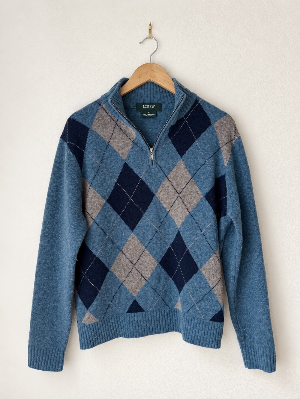 J.Crew 100% Lambswool Argyle Quarter Zip Sweater Size L